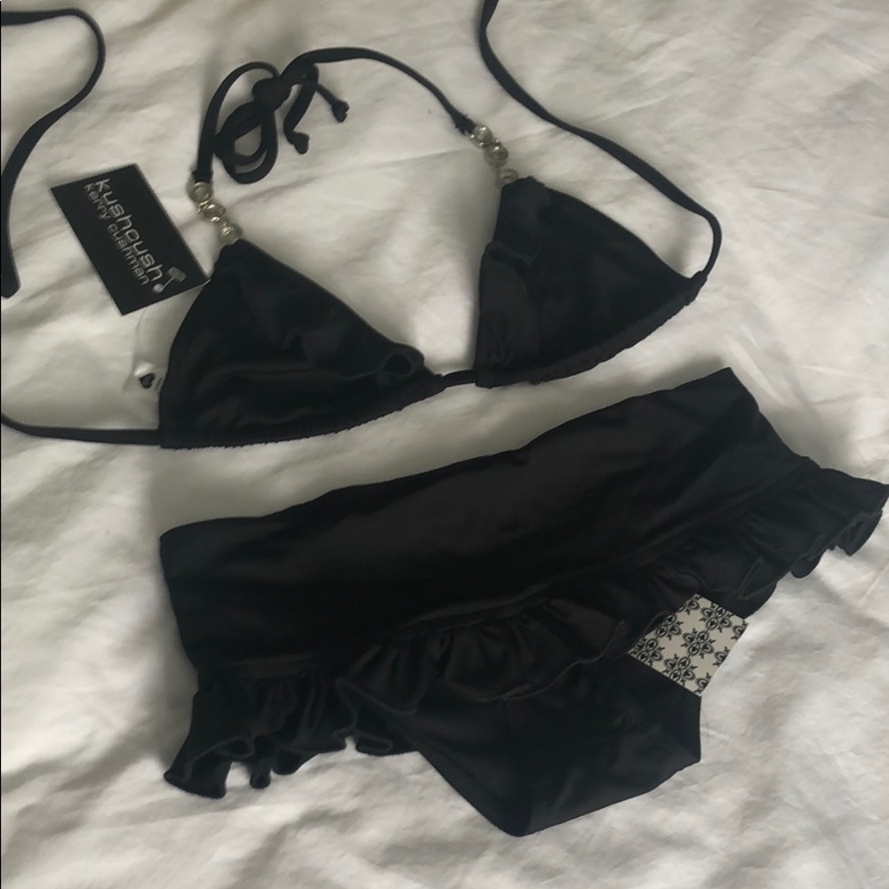 NWT black ruffle XS triangle bikini silver accents